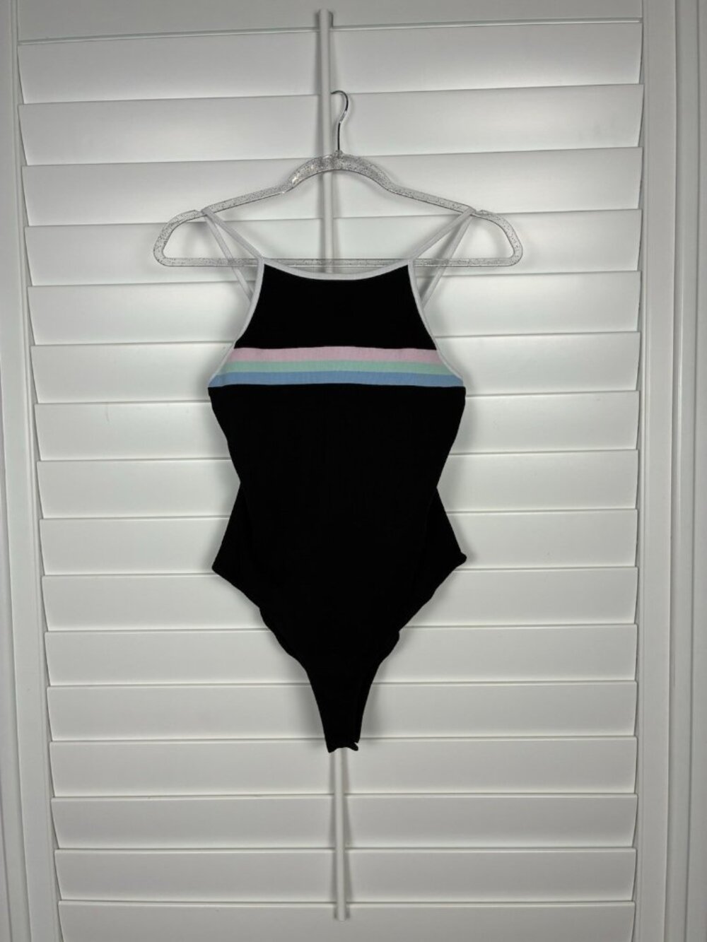 Forever 21 Women’s M Black Pastel Stripe High Neck Cami Bodysuit Contrast Trim